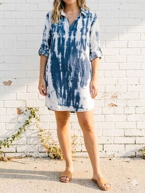 JOH Blue Tie Dye Dress Medium Boho Coastal Chic Pocket Midi Comfy Oversized